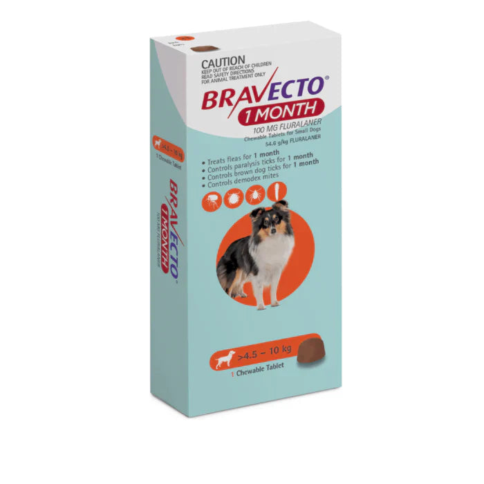 Bravecto 1 Mes para Perro de 4.5 a 10 Kg - 100 Mg - Antipulgas y Garrapatas Bravecto 1 Mes para Perro de 4.5 a 10 Kg - 100 Mg - Antipulgas y Garrapatas